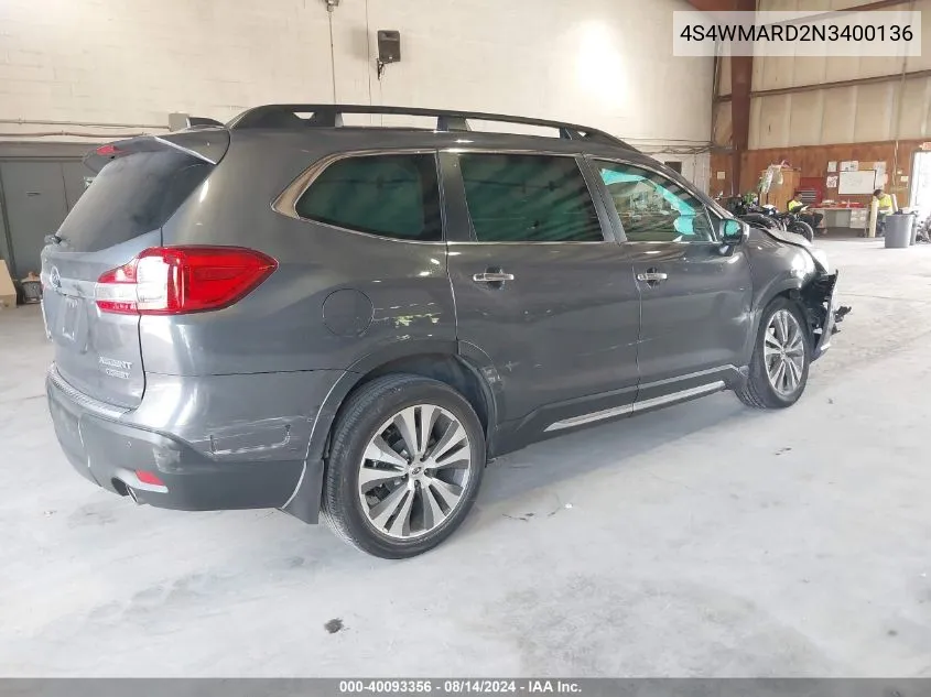 2022 Subaru Ascent Touring VIN: 4S4WMARD2N3400136 Lot: 40093356