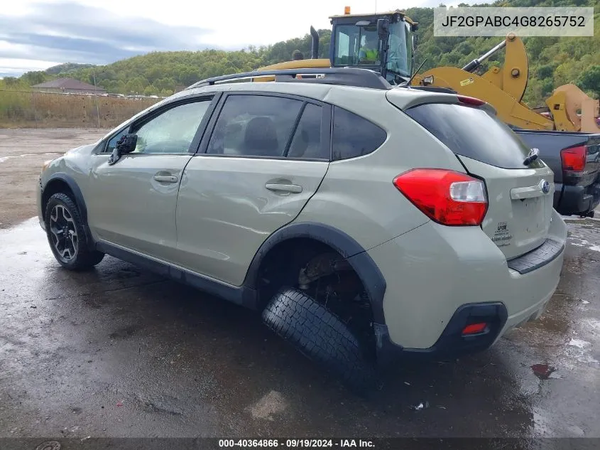 2016 Subaru Crosstrek 2.0I Premium VIN: JF2GPABC4G8265752 Lot: 40364866