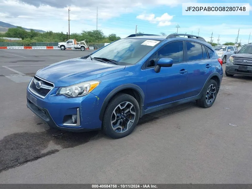 2016 Subaru Crosstrek 2.0I Premium VIN: JF2GPABC0G8280748 Lot: 40584758