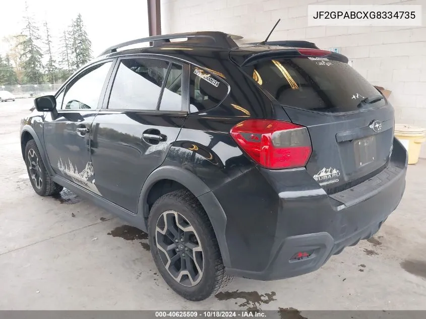 2016 Subaru Crosstrek 2.0I Premium VIN: JF2GPABCXG8334735 Lot: 40625509