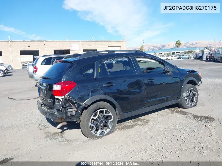 2017 Subaru Crosstrek 2.0I Premium VIN: JF2GPADC8H8270175 Lot: 40316744