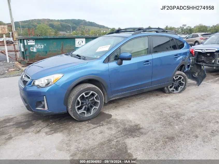 2017 Subaru Crosstrek 2.0I Premium VIN: JF2GPADC5HH274958 Lot: 40364083