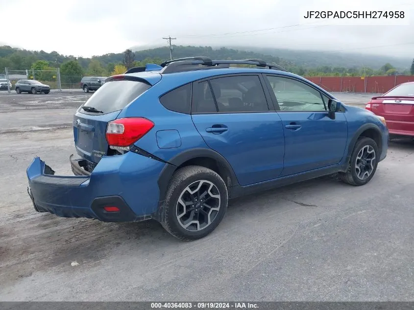 2017 Subaru Crosstrek 2.0I Premium VIN: JF2GPADC5HH274958 Lot: 40364083