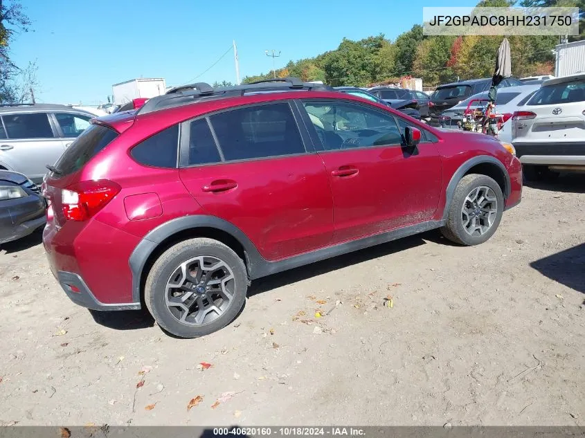 2017 Subaru Crosstrek 2.0I Premium VIN: JF2GPADC8HH231750 Lot: 40620160