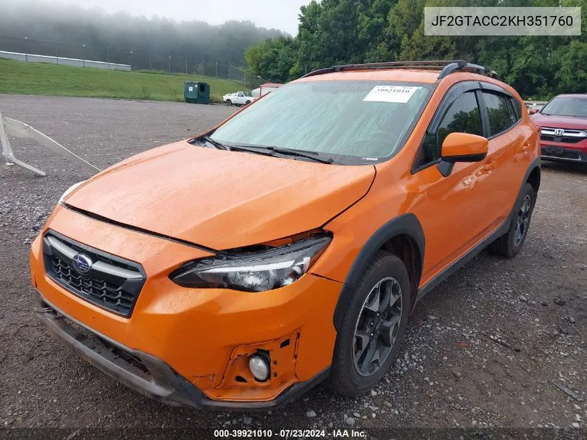 2019 Subaru Crosstrek 2.0I Premium VIN: JF2GTACC2KH351760 Lot: 39921010