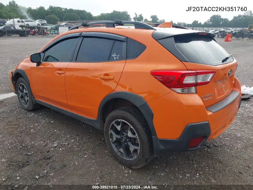 2019 Subaru Crosstrek 2.0I Premium VIN: JF2GTACC2KH351760 Lot: 39921010