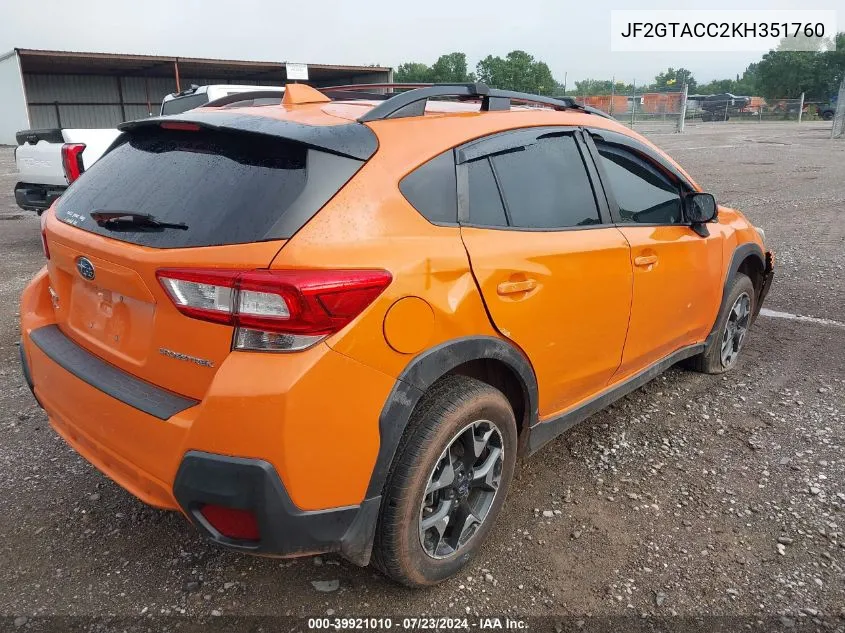 2019 Subaru Crosstrek 2.0I Premium VIN: JF2GTACC2KH351760 Lot: 39921010