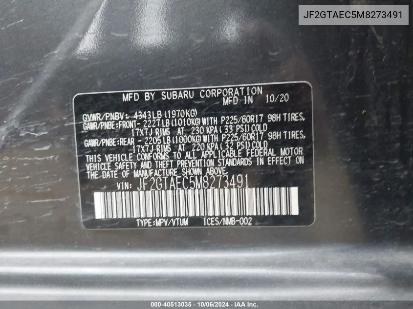 JF2GTAEC5M8273491 2021 Subaru Crosstrek Premium