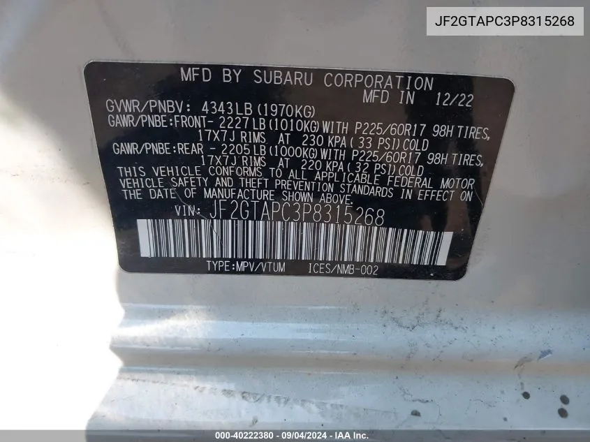 2023 Subaru Crosstrek Premium VIN: JF2GTAPC3P8315268 Lot: 40222380