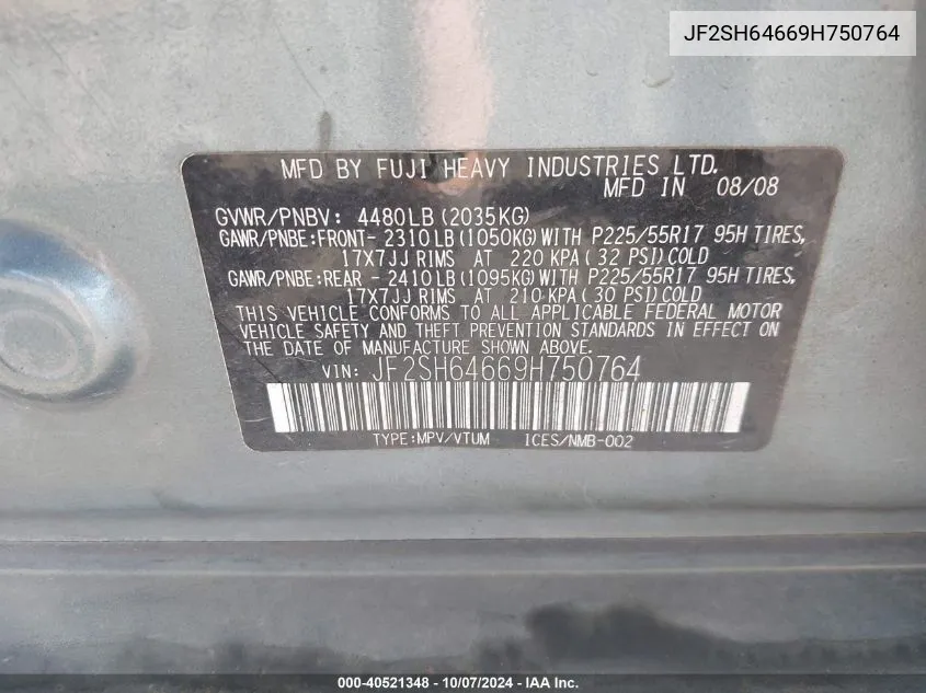 JF2SH64669H750764 2009 Subaru Forester 2.5X Limited