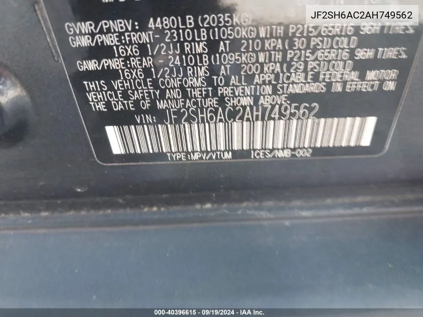 JF2SH6AC2AH749562 2010 Subaru Forester 2.5X