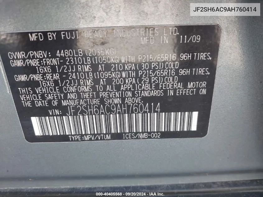 JF2SH6AC9AH760414 2010 Subaru Forester 2.5X