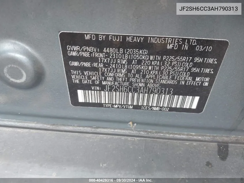 JF2SH6CC3AH790313 2010 Subaru Forester 2.5X Premium