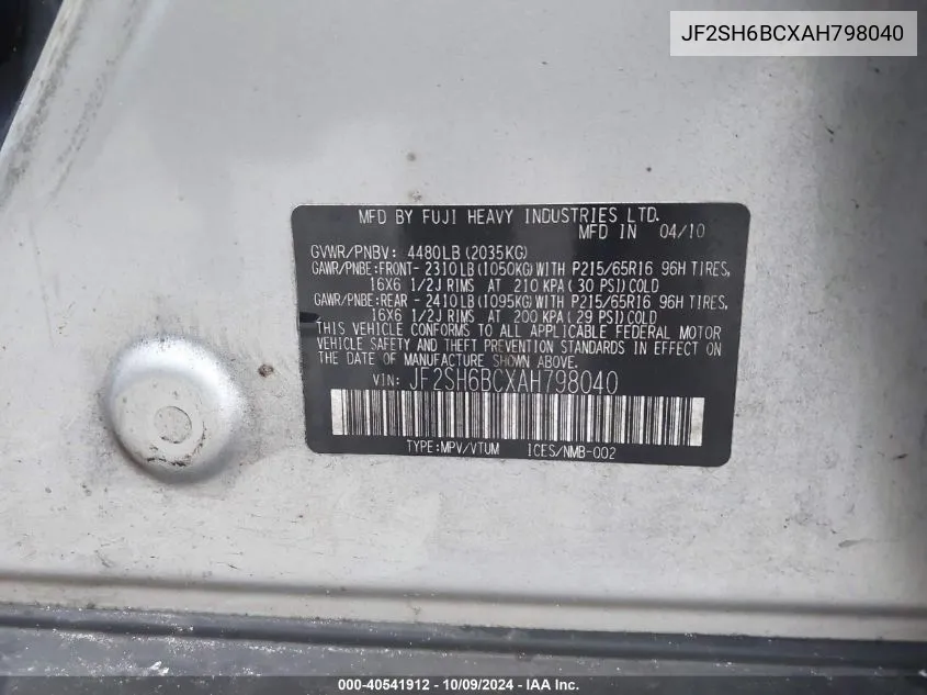 JF2SH6BCXAH798040 2010 Subaru Forester Xs