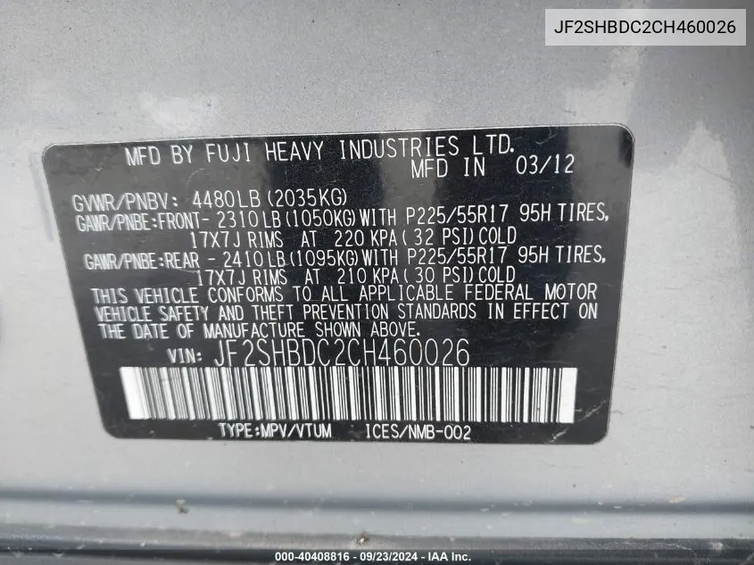 JF2SHBDC2CH460026 2012 Subaru Forester 2.5X Premium