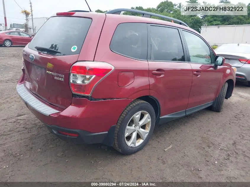 2015 Subaru Forester 2.5I Premium VIN: JF2SJADC2FH832922 Lot: 39880294