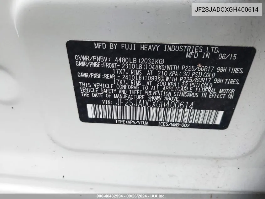 JF2SJADCXGH400614 2016 Subaru Forester 2.5I Premium