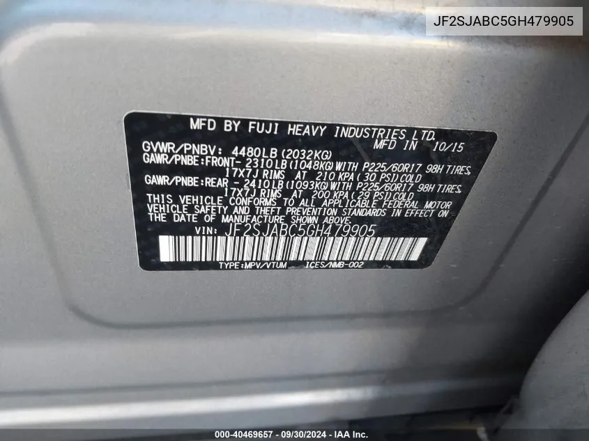 JF2SJABC5GH479905 2016 Subaru Forester 2.5I