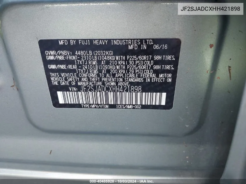 JF2SJADCXHH421898 2017 Subaru Forester 2.5I Premium