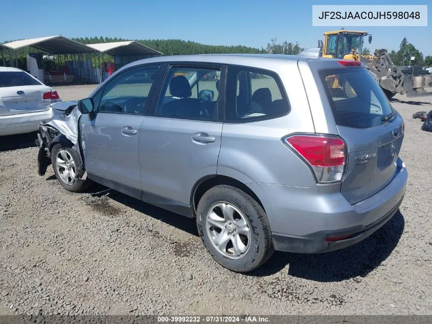 2018 Subaru Forester 2.5I VIN: JF2SJAAC0JH598048 Lot: 39992232