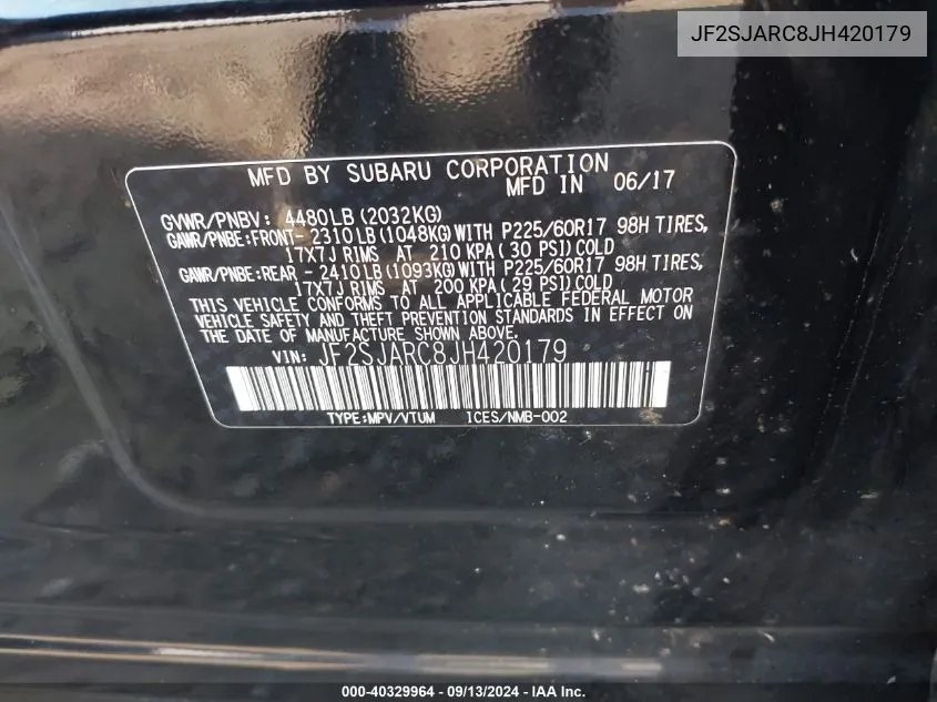 JF2SJARC8JH420179 2018 Subaru Forester 2.5I Limited