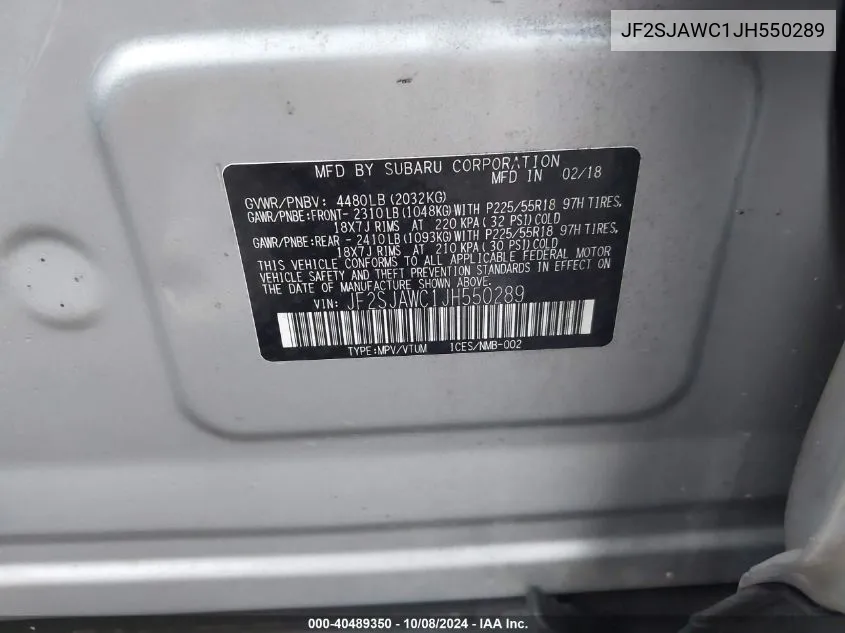 JF2SJAWC1JH550289 2018 Subaru Forester 2.5I Touring