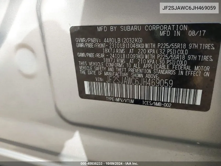 JF2SJAWC6JH469059 2018 Subaru Forester 2.5I Touring