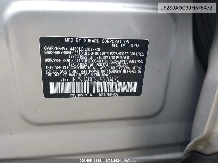 JF2SJAGC3JH576472 2018 Subaru Forester 2.5I Premium