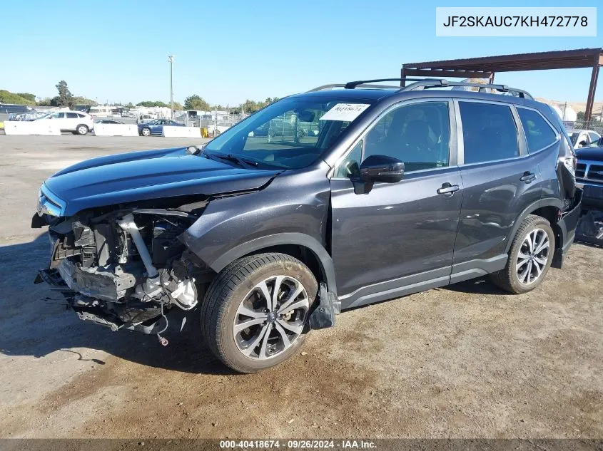 2019 Subaru Forester Limited VIN: JF2SKAUC7KH472778 Lot: 40418674