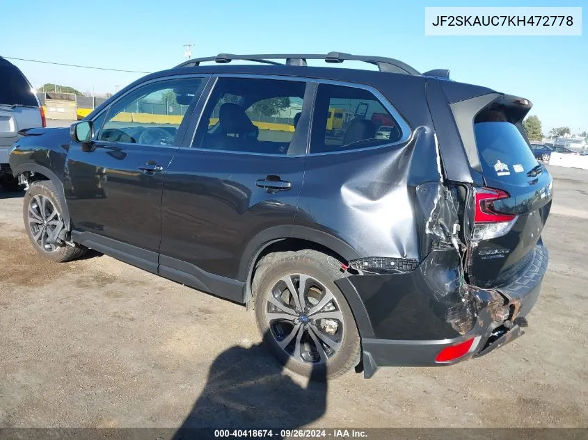 2019 Subaru Forester Limited VIN: JF2SKAUC7KH472778 Lot: 40418674