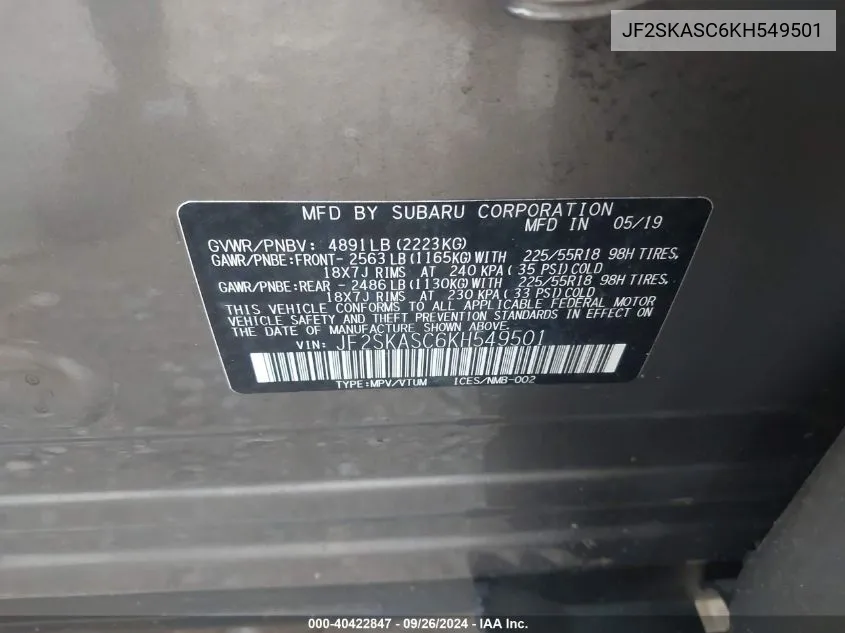 JF2SKASC6KH549501 2019 Subaru Forester Limited