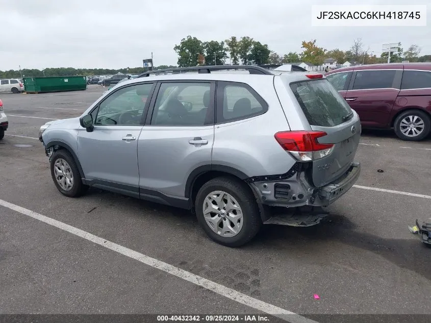 2019 Subaru Forester VIN: JF2SKACC6KH418745 Lot: 40432342