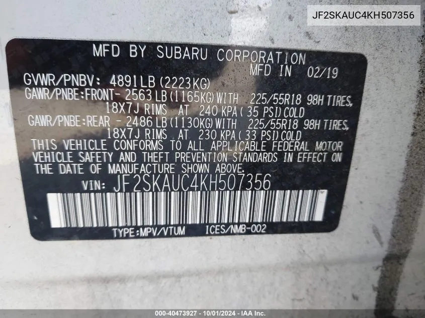 JF2SKAUC4KH507356 2019 Subaru Forester Limited