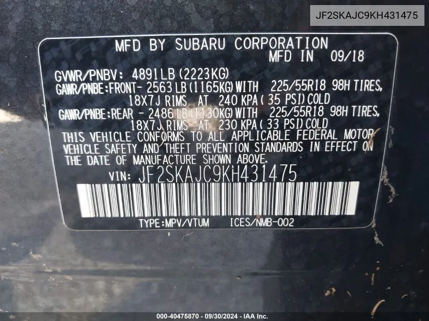 JF2SKAJC9KH431475 2019 Subaru Forester Sport