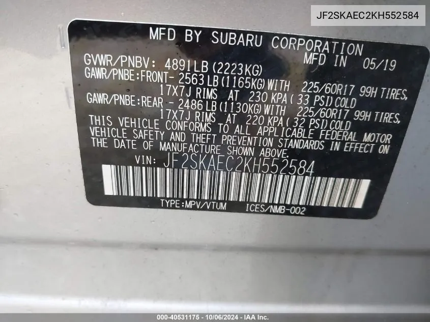 JF2SKAEC2KH552584 2019 Subaru Forester Premium