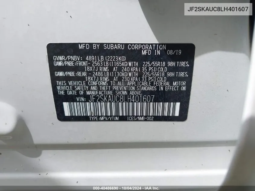 JF2SKAUC8LH401607 2020 Subaru Forester Limited