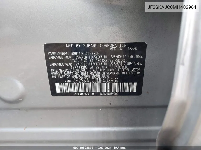 2021 Subaru Forester Premium VIN: JF2SKAJC0MH482964 Lot: 40528896