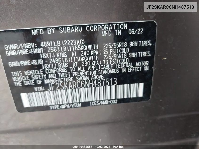 2022 Subaru Forester Touring VIN: JF2SKARC6NH487513 Lot: 40482558