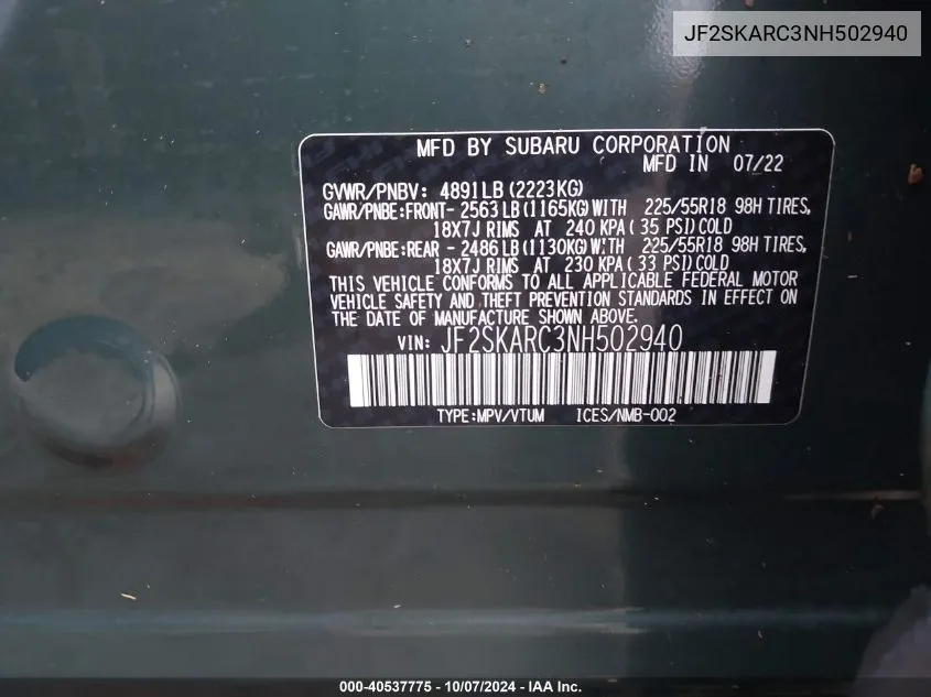 2022 Subaru Forester Touring VIN: JF2SKARC3NH502940 Lot: 40537775