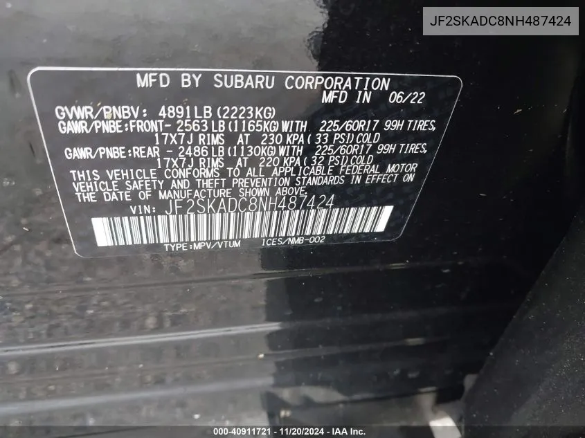 2022 Subaru Forester Premium VIN: JF2SKADC8NH487424 Lot: 40911721