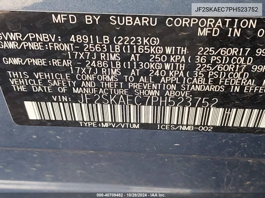 2023 Subaru Forester Premium VIN: JF2SKAEC7PH523752 Lot: 40709482