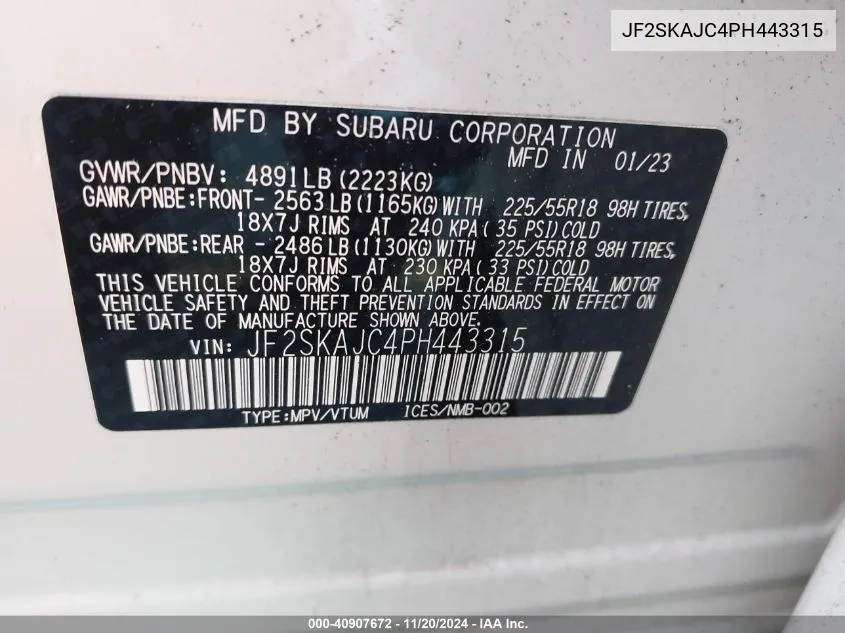 2023 Subaru Forester Sport VIN: JF2SKAJC4PH443315 Lot: 40907672