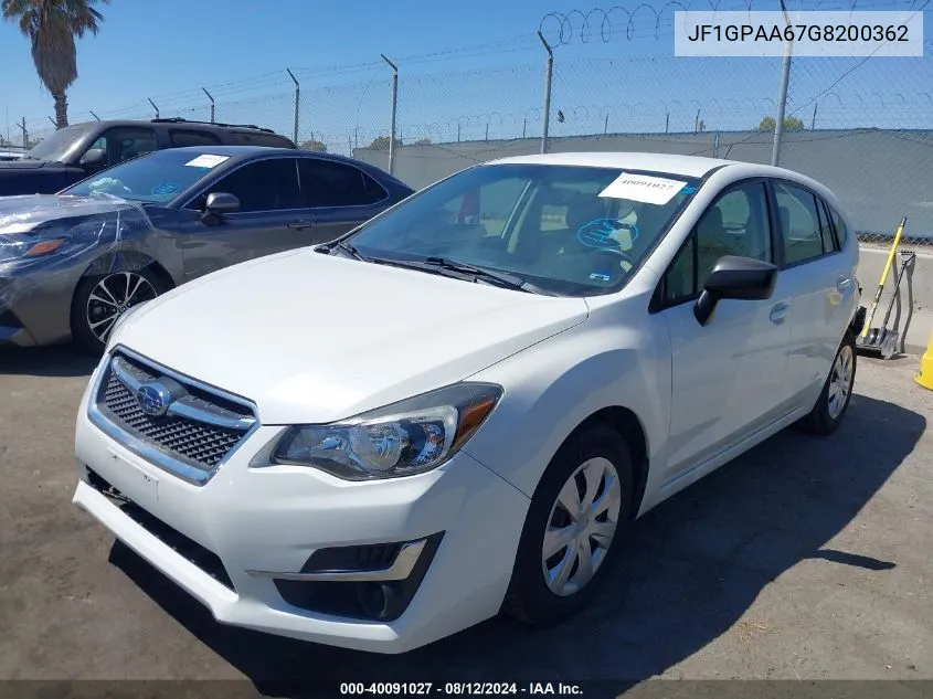 2016 Subaru Impreza 2.0I VIN: JF1GPAA67G8200362 Lot: 40091027