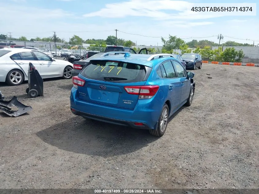 2017 Subaru Impreza 2.0I Premium VIN: 4S3GTAB65H3714374 Lot: 40197499