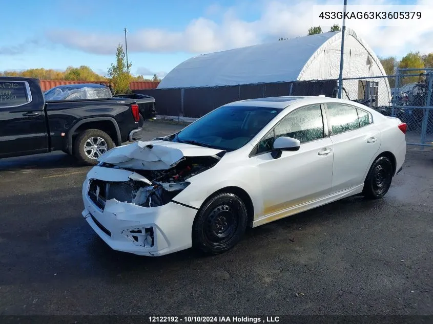 2019 Subaru Impreza VIN: 4S3GKAG63K3605379 Lot: 12122192