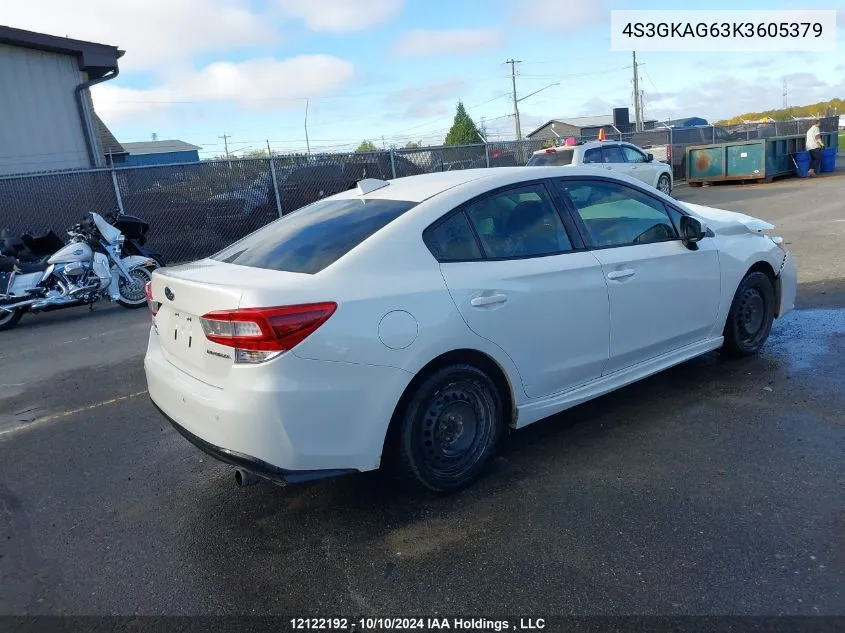 2019 Subaru Impreza VIN: 4S3GKAG63K3605379 Lot: 12122192