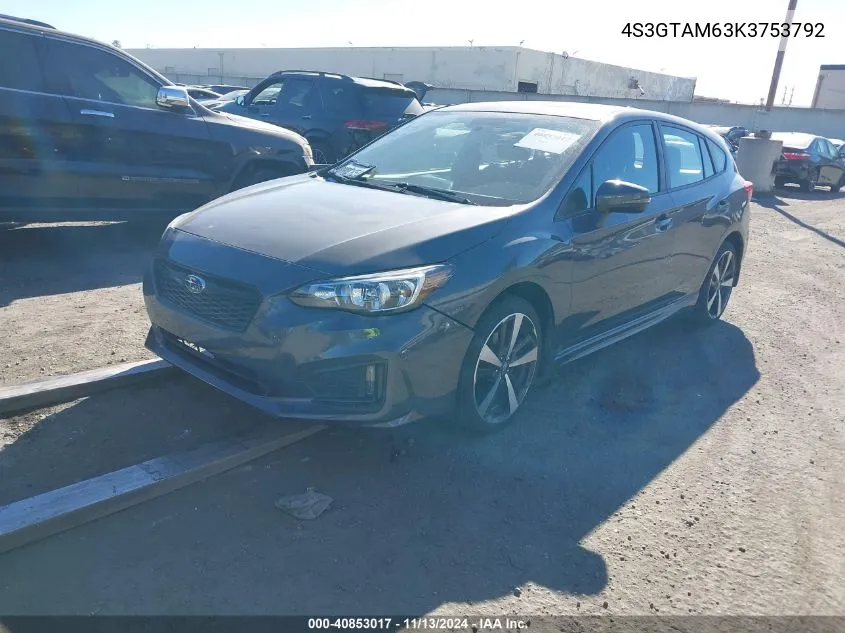 2019 Subaru Impreza 2.0I Sport VIN: 4S3GTAM63K3753792 Lot: 40853017