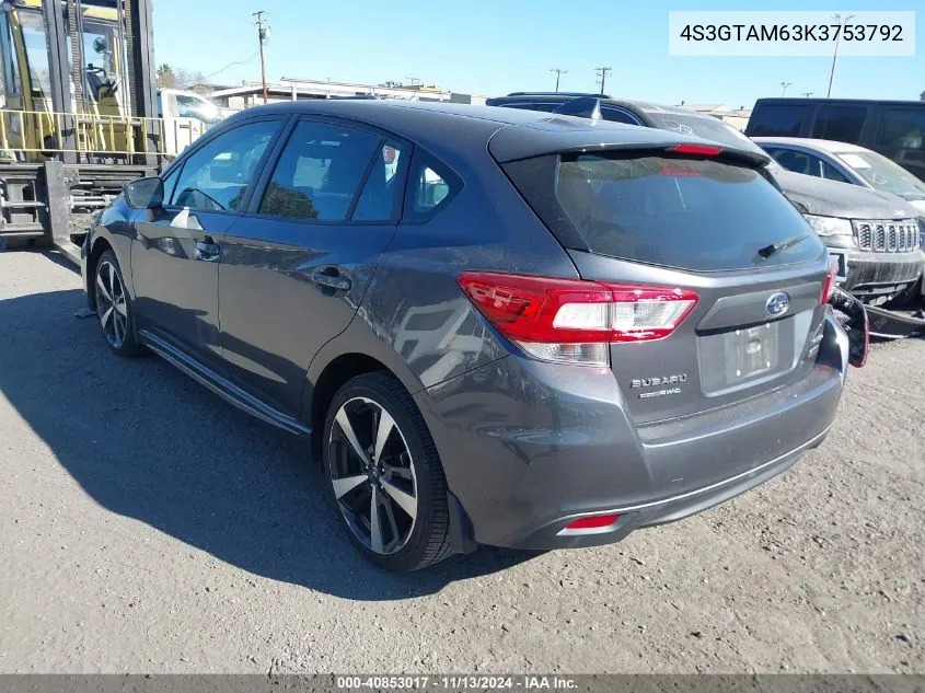 2019 Subaru Impreza 2.0I Sport VIN: 4S3GTAM63K3753792 Lot: 40853017