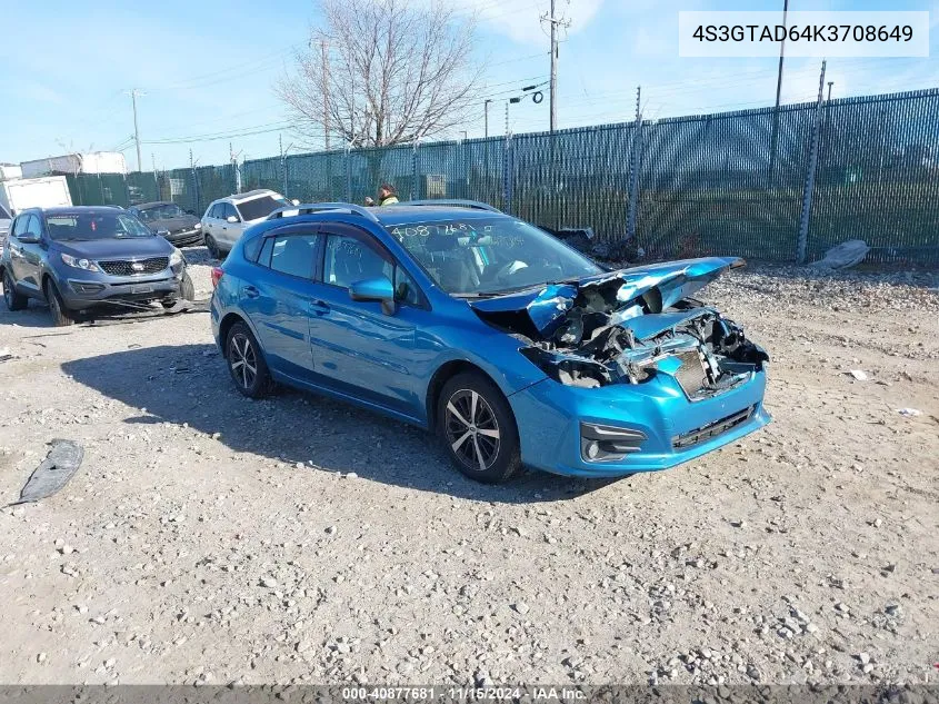 2019 Subaru Impreza 2.0I Premium VIN: 4S3GTAD64K3708649 Lot: 40877681