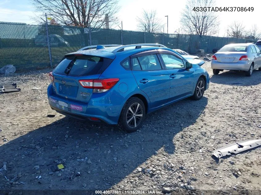 2019 Subaru Impreza 2.0I Premium VIN: 4S3GTAD64K3708649 Lot: 40877681